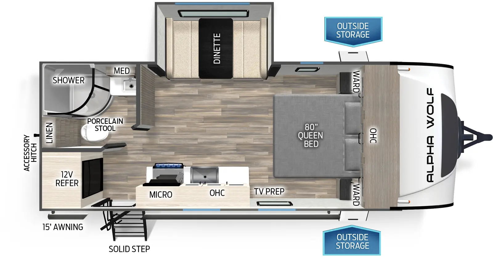 The 17CB has one slideout and one entry. Exterior features outside storage, solid step entry, 15 foot awning, and rear accessory hitch. Interior layout front to back: foot-facing queen bed with overhead cabinet and wardrobes on each side; off-door side slideout with dinette; door side TV prep, kitchen counter with sink and countertop, and overhead cabinet with microwave; rear off-door side full bathroom with medicine cabinet, porcelain toilet, and linen closet; rear door side entry and 12 volt refrigerator.